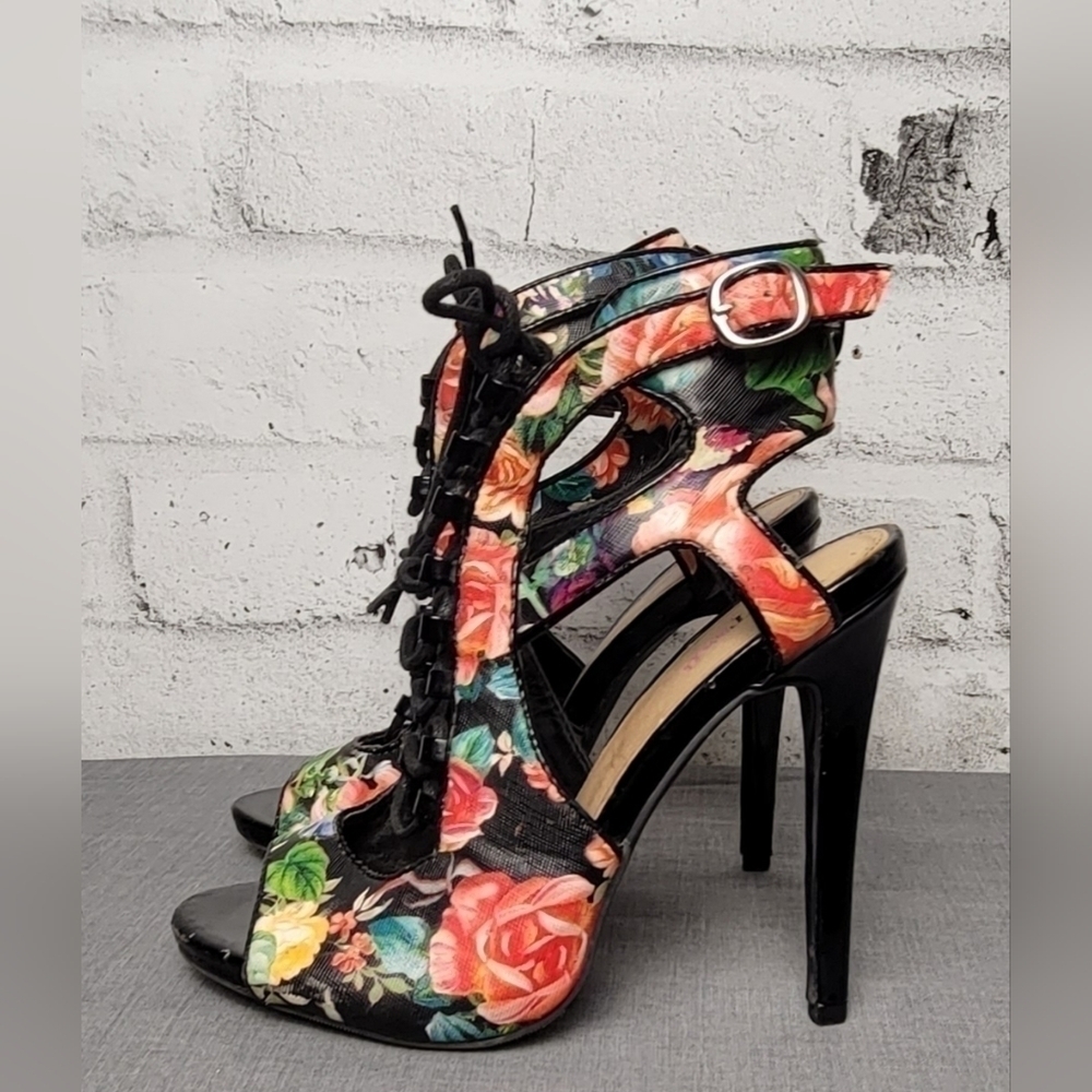 JUSTFAB Jasline  Floral Lace Up Stilettos